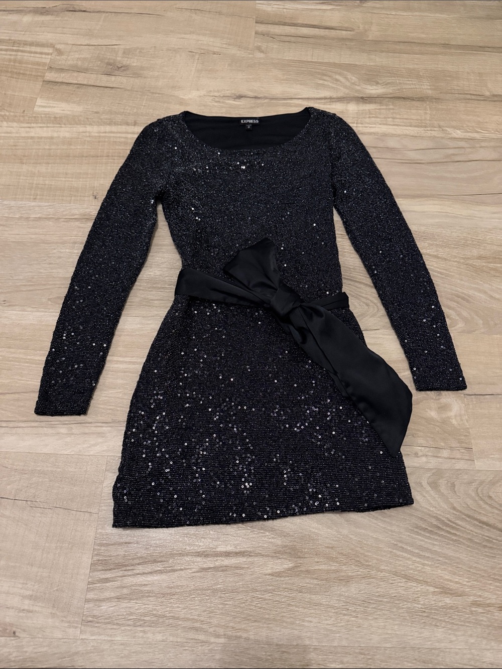 Express Black Sequin Long Sleeve Mini Dress with Sash
